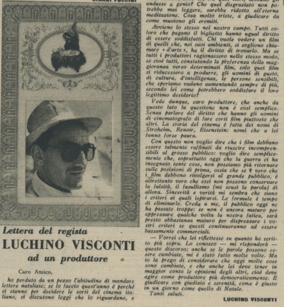 Lettera del regista Luchino Visconti ad un produttore
