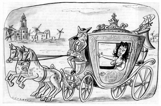Anna Magnani e Luchino Visconti in carrozza, caricatura di Onorato